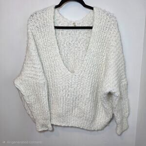 POL Deep V-Neckline Sweater Off The Shoulder Eyelash Size S Chunky Knit Cotton